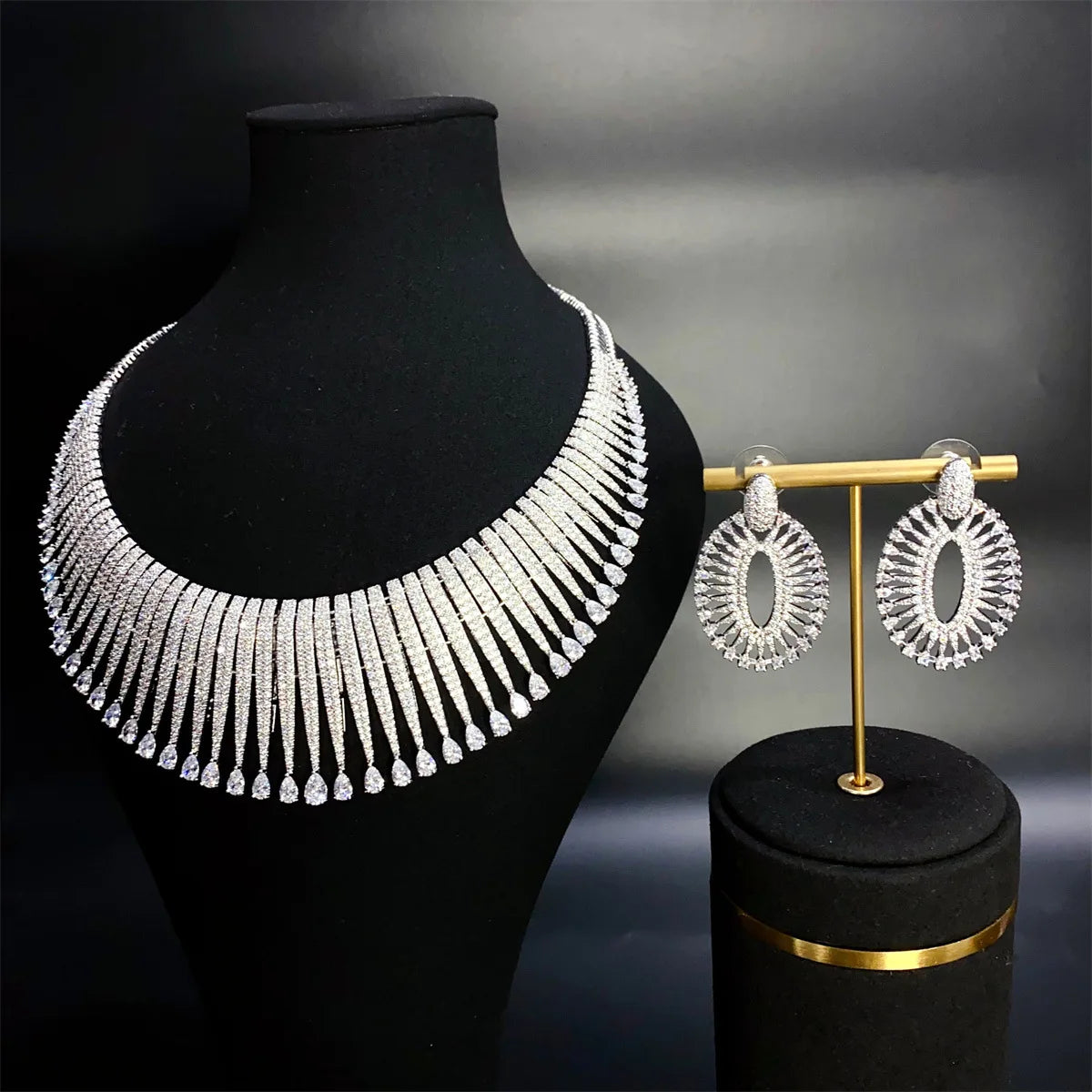 Luxury Full-Paved Zirconia 2-Piece Nigerian & UAE Dubai Geometric Necklace & Earrings Bridal Set — Rhodium Plated