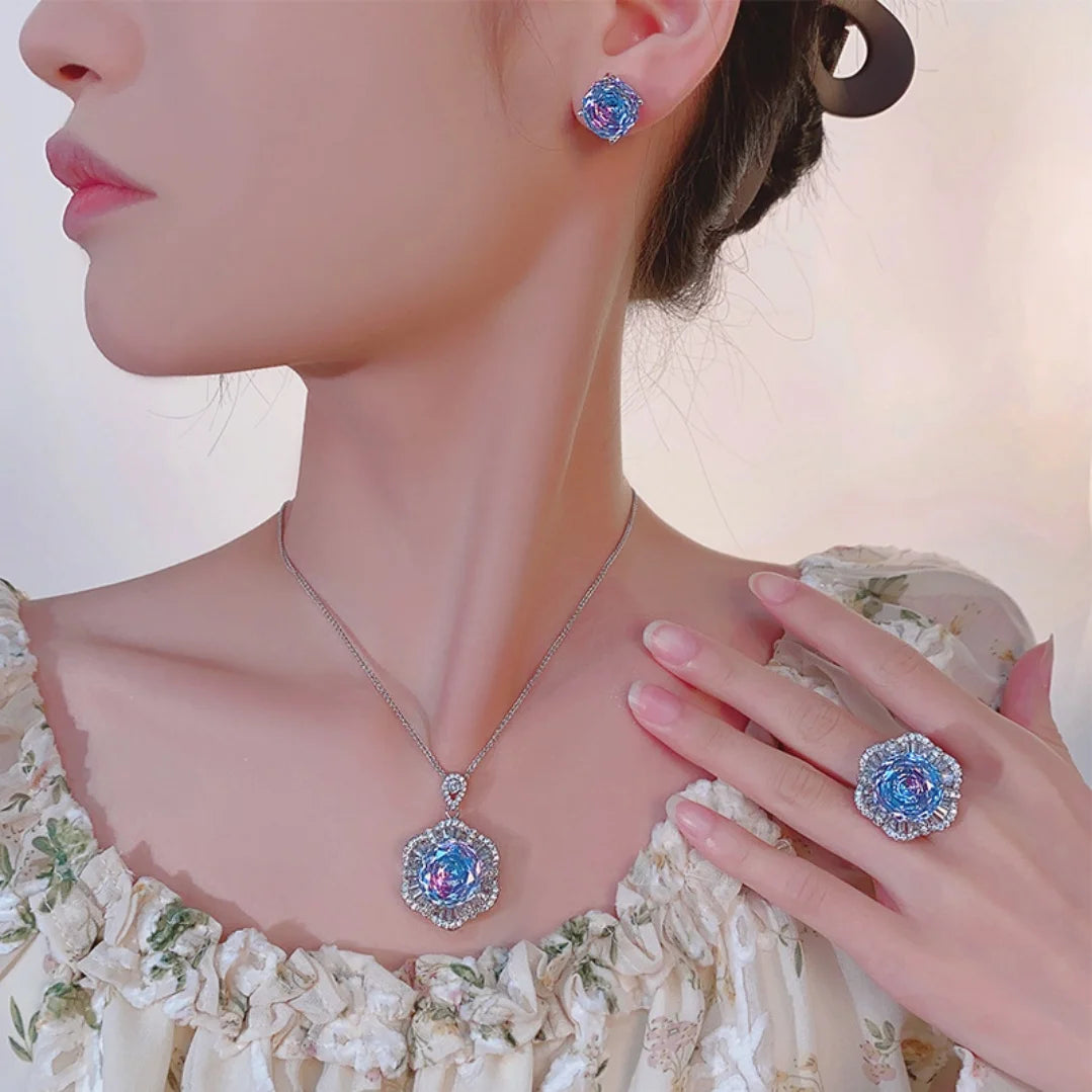 S&S Pink & Blue Gradient Zircon Floral Jewellery Set – Collection