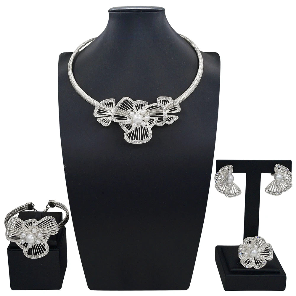 Zhuerrui  Women's Luxury Gold Plated Flower Jewelry Set Nigeria Cocktail Party Pearl Jewelry Sets Bridal Wedding Set X0004330