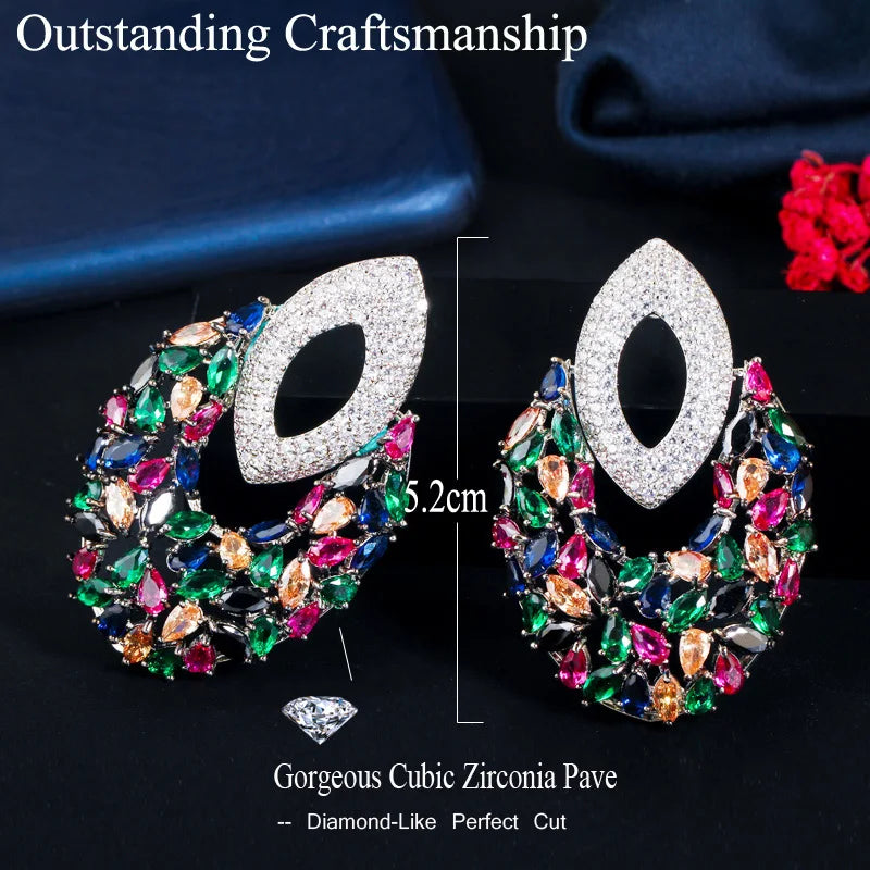 Unique Fancy Multi Color Cubic Zirconia Long Drop Big Luxury Party Earrings for Women Fashion Designer Bridal Wedding Jewelry