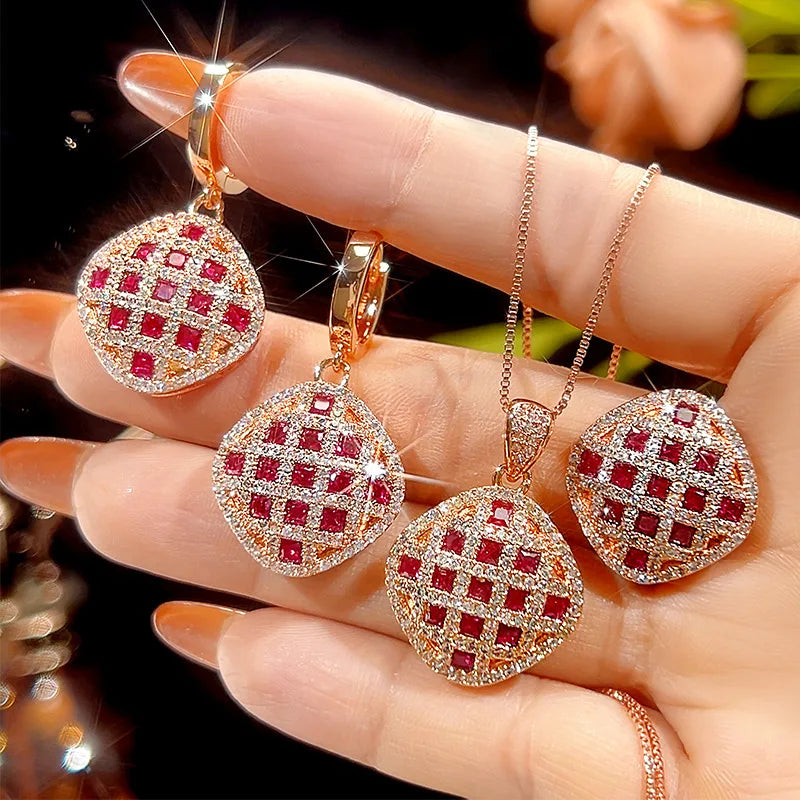 REDheart Simulation Zircon Flower Advanced Light Luxury Trendy Fashion Costume Jewelry Sets Female Copper Inlaid Zircon 18K Gold Plated