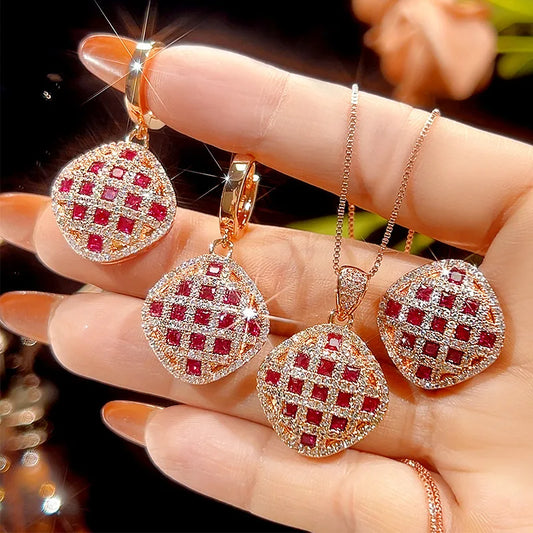 REDheart Simulation Zircon Flower Advanced Light Luxury Trendy Fashion Costume Jewelry Sets Female Copper Inlaid Zircon 18K Gold Plated