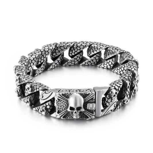 KALEN Europea Punk Mens Relievo Skull Jewelry Skeleton Head Cross Stainless Steel Curb Cuban Link Chain Bracelet for Men