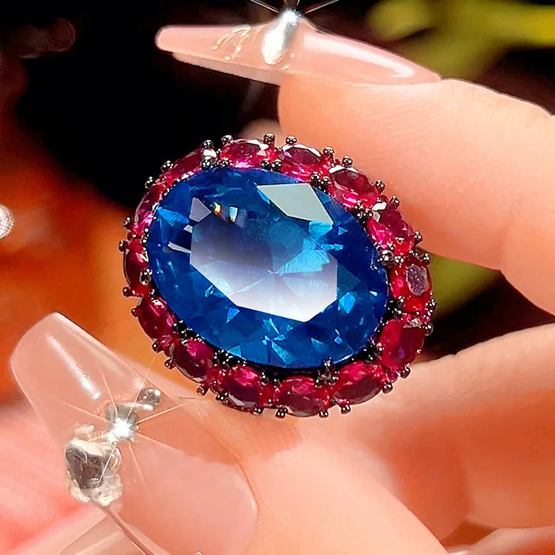 Gemfiori High End Fashion Jewelry Pigeon Blood Red and Sea Blue Zircon Oval Light Luxury Jewelry Set