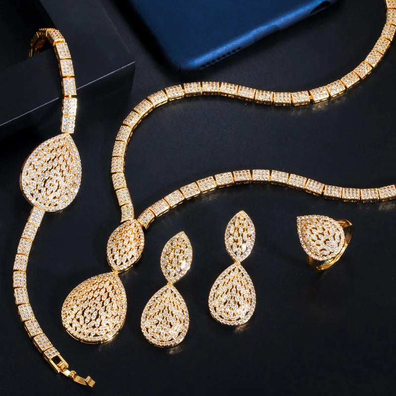 Hollow Design CZ Zircon Party Earring Bracelet Ring Necklace 4pcs Luxury Jewelry Sets African Gold Bridal Costume for Women