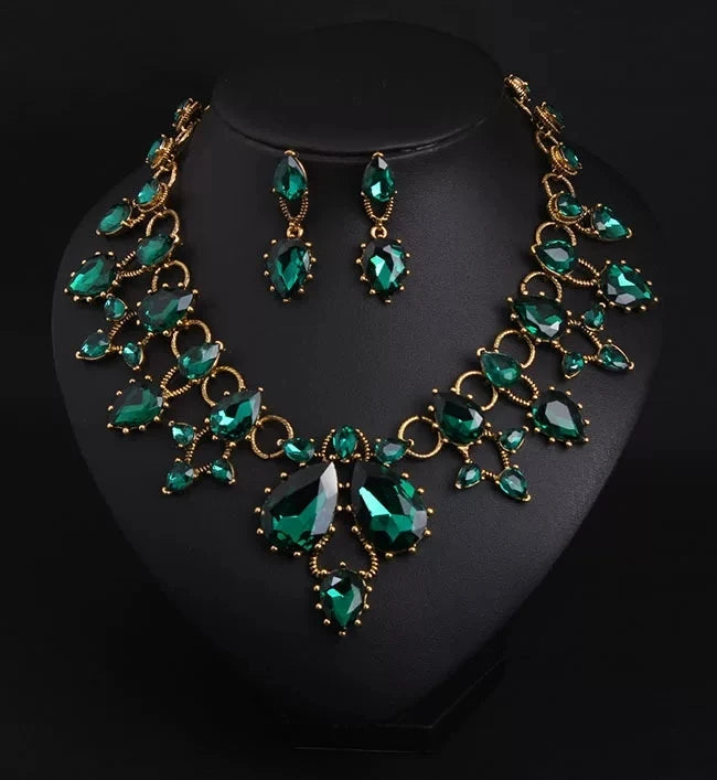 XM S394 Gold Plated Marquise Topaz Sparkling Floral Necklace & Earrings Bridal Set