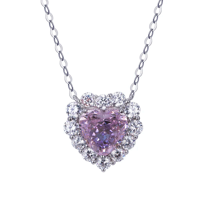 Messi Jewelry MSN-653 Pink Heart Cut High Carbon Diamond Cubic Zirconia Necklace Classic Style Pendant Necklace