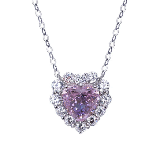 Messi Jewelry MSN-653 Pink Heart Cut High Carbon Diamond Cubic Zirconia Necklace Classic Style Pendant Necklace