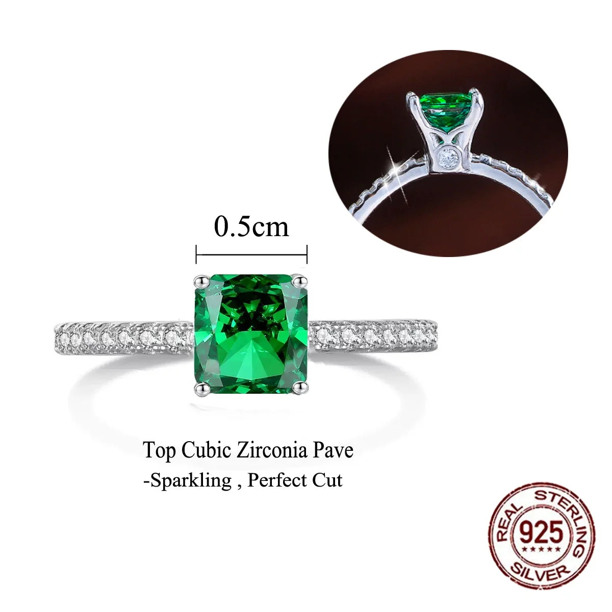 S&S 925 Sterling Silver 5mm Emerald-Cut Green CZ Engagement Ring – Rhodium Plated – Collection