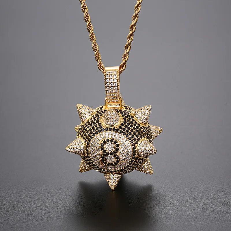 European and American Hot Style Micro-inlaid with Zircon Cartoon Black 8 Meteor Hammer Pendant Trendy Hip-hop Necklace