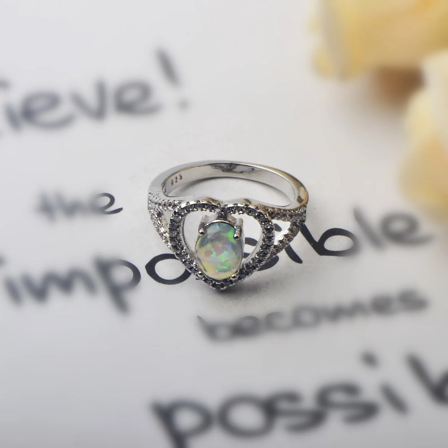 Elegant Double-Heart Opal Promise Ring - Iridescent Opal & CZ Paved Band | Romantic Daily Jewelry Bulk Gifts
