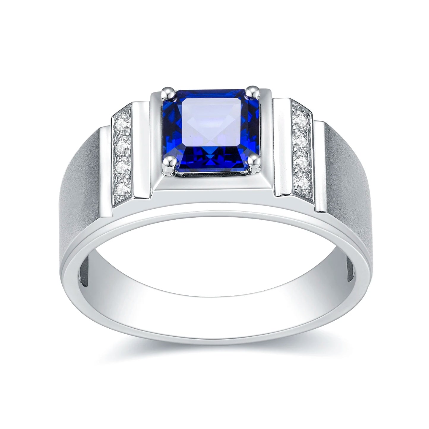 Messi Jewelry MSR-1187 Custom 18K White Gold Asscher Lab Sapphire Gemstone Men Rings