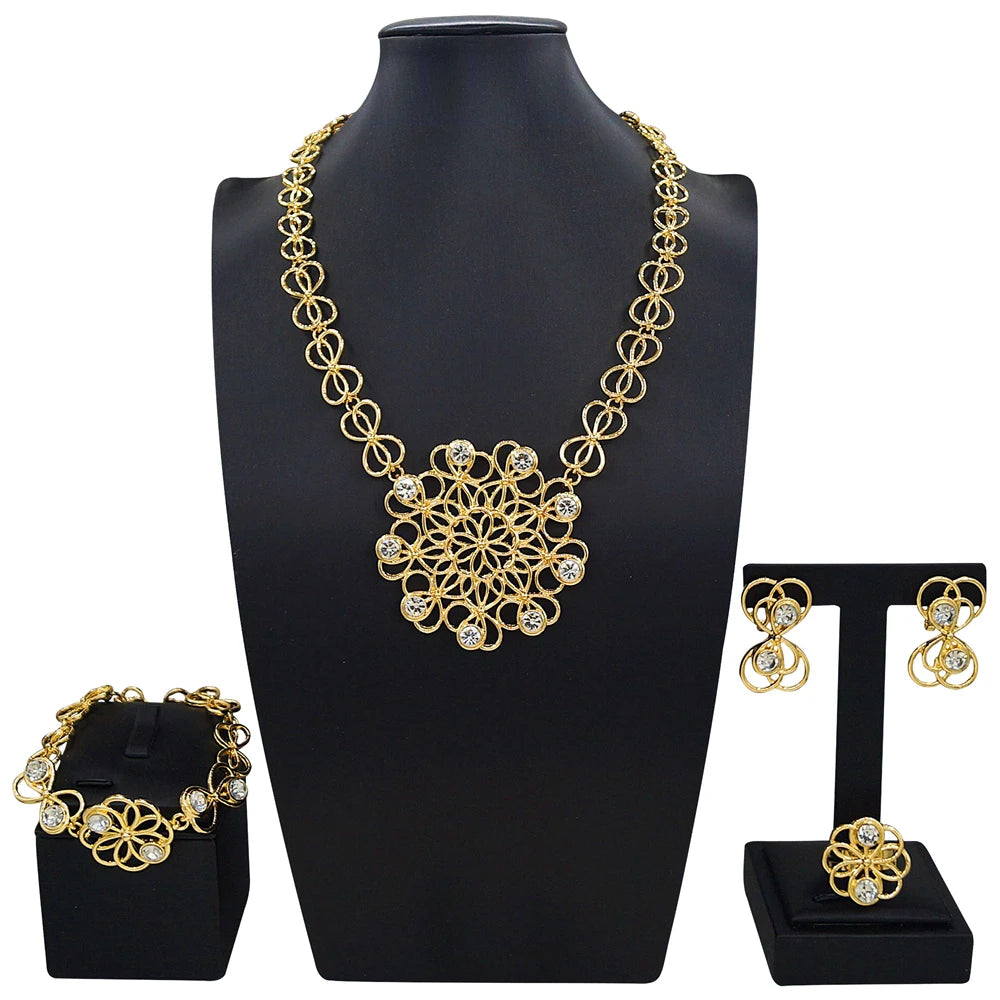 Zhuerrui Italian Gold Plated Jewelry Set Intricate Hollow Bead Cluster Necklace Earrings Bracelet Ring for Women Ceremony