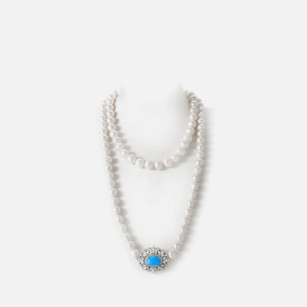 MUSHAN Jewelry Factory S925 Pearl Necklace Women High End Electroplated Gold High Carbon Diamond Blue Turquoise 8mm Accessory