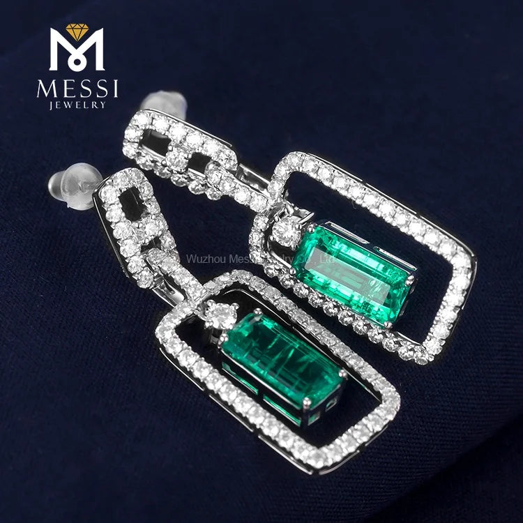 Gemfiori Messi Jewelry Geometric Design Elegant Moissnaite Pendant Earring for Lady 14k 18k Gold Emerald Drop Earring