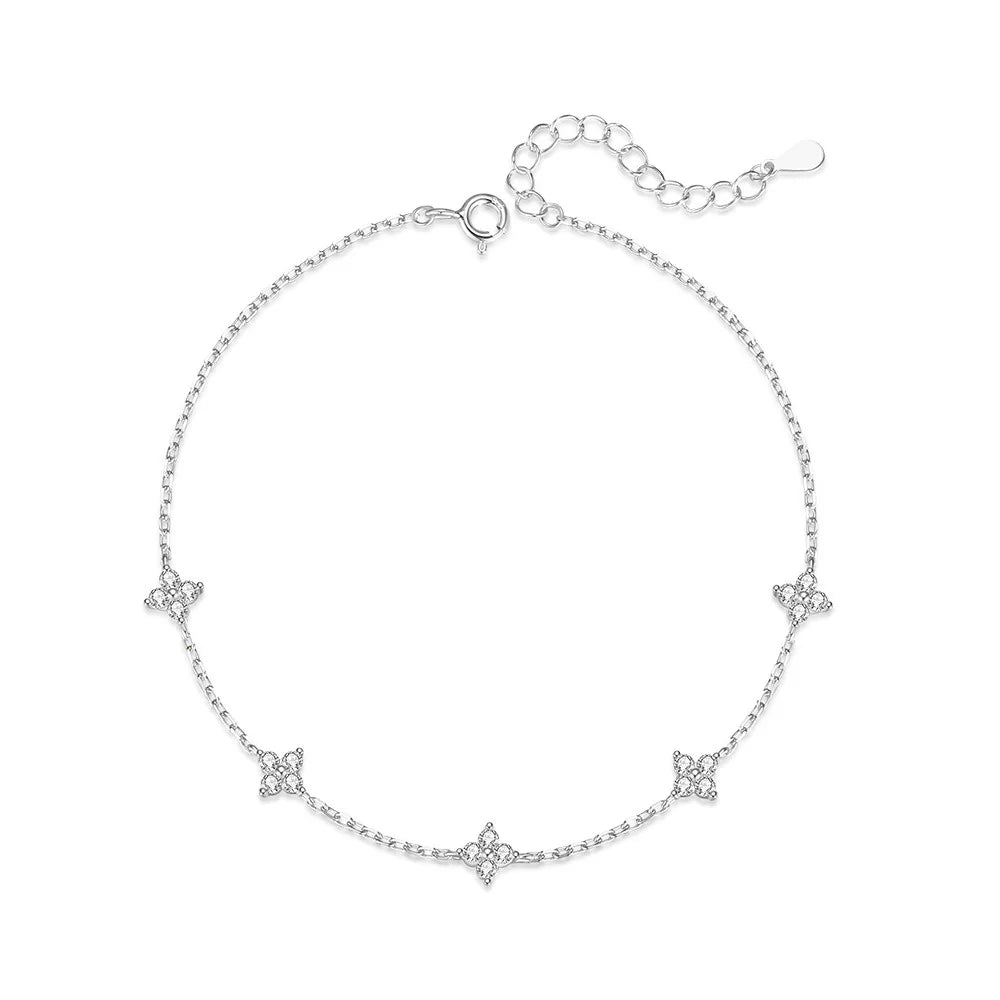 Tarnish Free Fashion 925 Sterling Silver Clovers Flower Anklet for Women Cubic Zirconia Leg Chain Link Lucky Jewelry Gifts