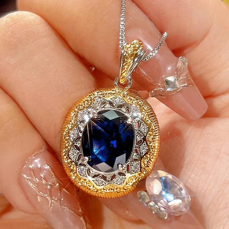 REDheart Brass Inlaid Zircon Plated Two-Color Movable Opening Ring Simulation Blue Pointed Crystal Flower Shape Pendant Necklace Trendy