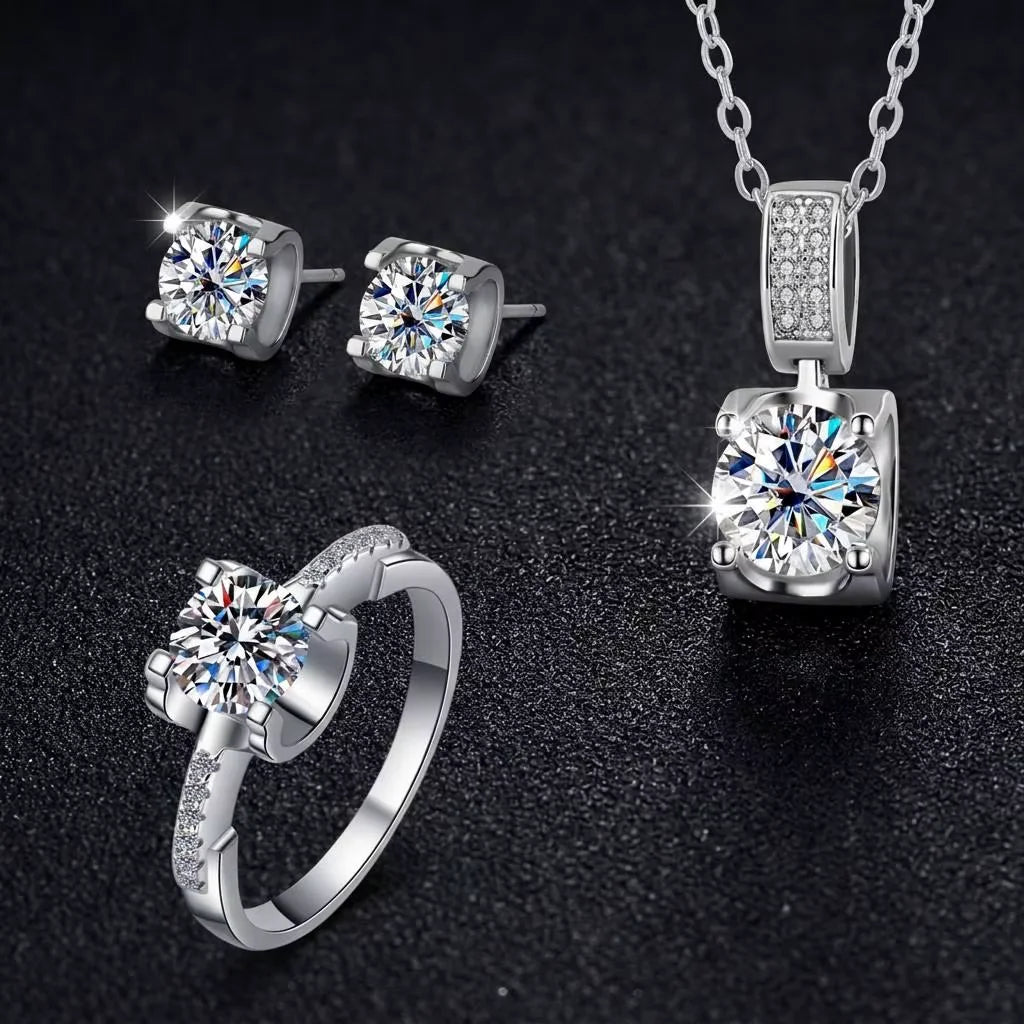 REDheart NORELLE Ladies Sterling Silver Fine Jewelry Sets Moissanite Necklace Stud Earring Ring Elegant Engagement Party Wedding Gift