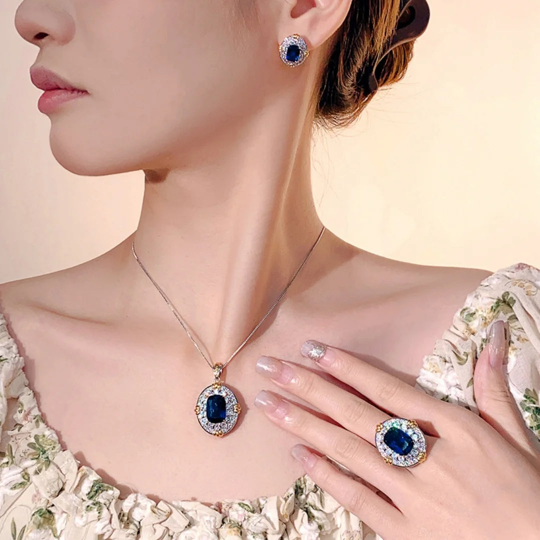 S&S Dark Blue Pointed Crystal CZ Jewellery Set – Pendant, Ring & Earrings – Gold Plated – Collection