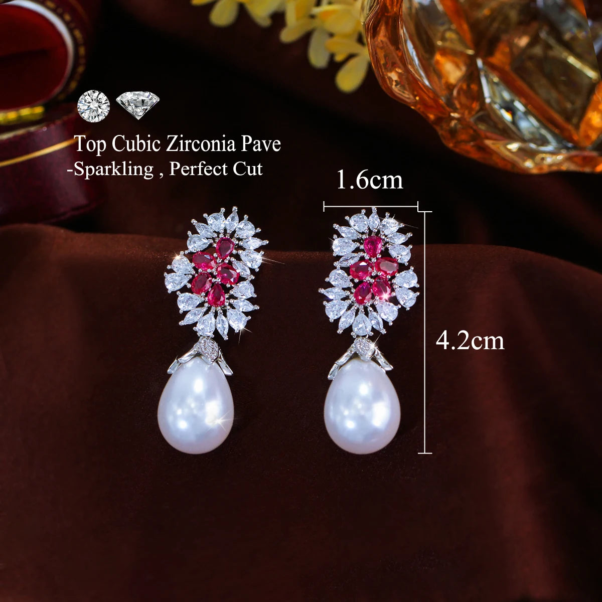 S&S Red CZ & Pearl Geometric Drop Earrings | Bridal Wedding Prom | NewLife