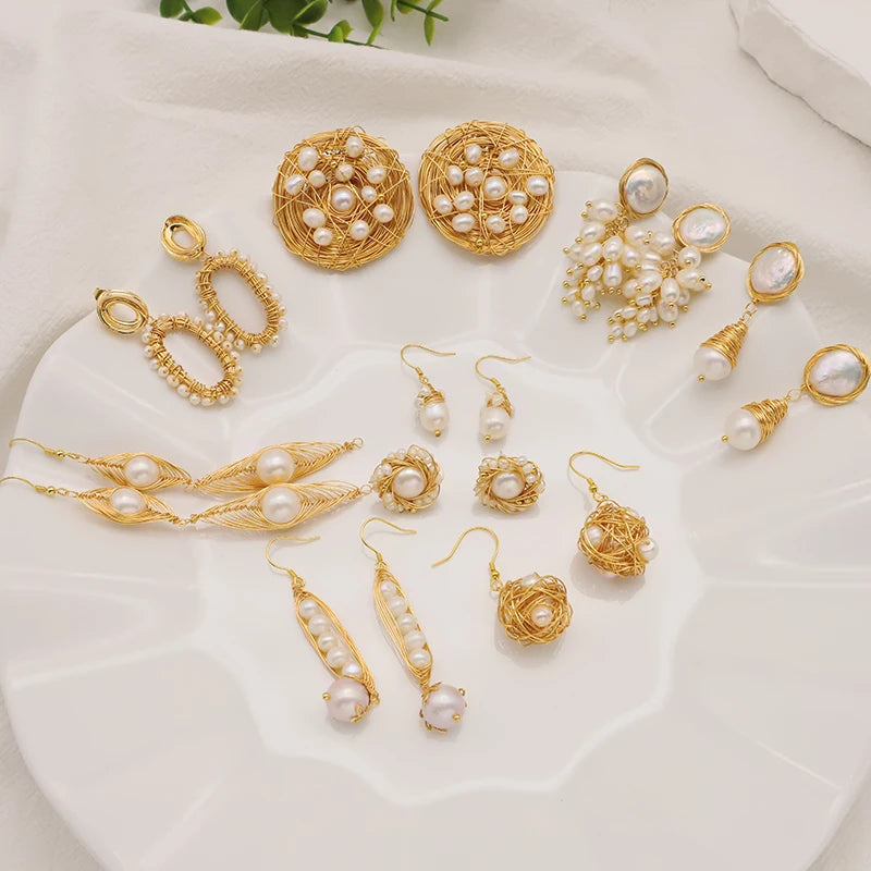 Natural Freshwater Pearls Metal Stud Earrings  Geometric Irregular  for Women Girl Gift Pearl Earrings Fashion Jewelry