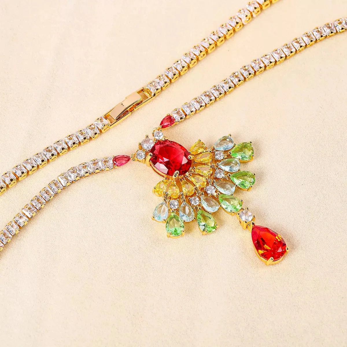 Bella Viva Luxury Fan Dangle Colorful Cubic Zirconia Necklace and Earring Sets, 18K Gold Plated Brass, for Formal Banquet Party