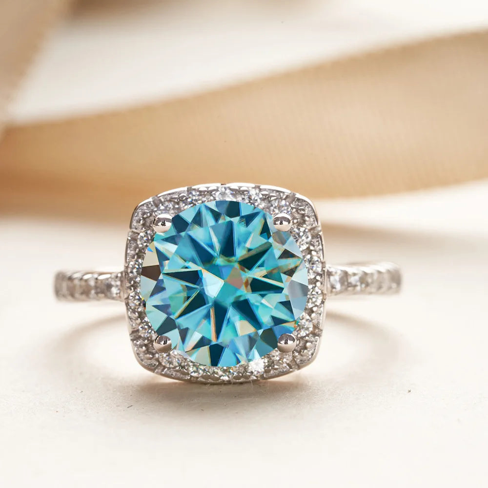 Wholesale 925 Silver PT950 Platinum Plated Square Bezel Set Round Cut 3 Carat VVS GRA Colored Moissanite Engagement Ring
