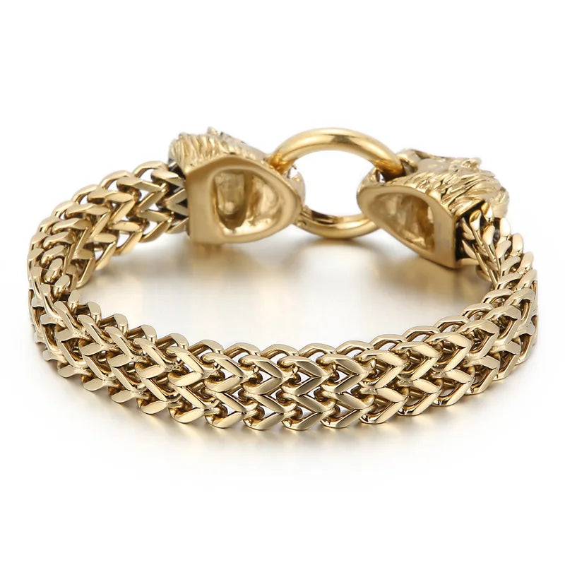 KALEN 230mm Men Punk Stainless Steel Herringbone Bracelet With Lion Head Charms Clasp