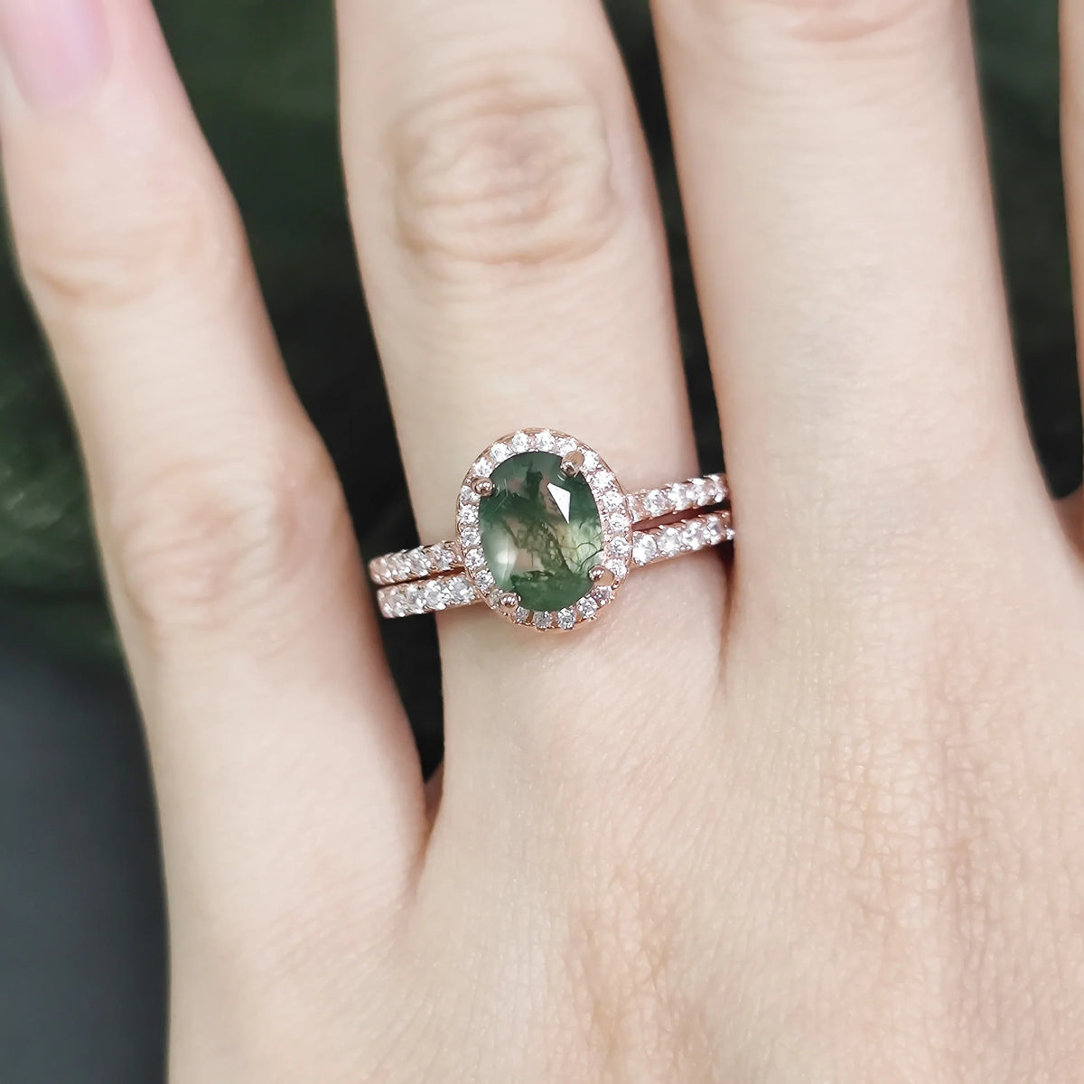 ArtistA Abiding Dainty Jewelry Oval Cut 6X8MM Moss Agate 2 Pieces Minimalist 925 Sterling Silver Women Rings Set for Wedding Engagement