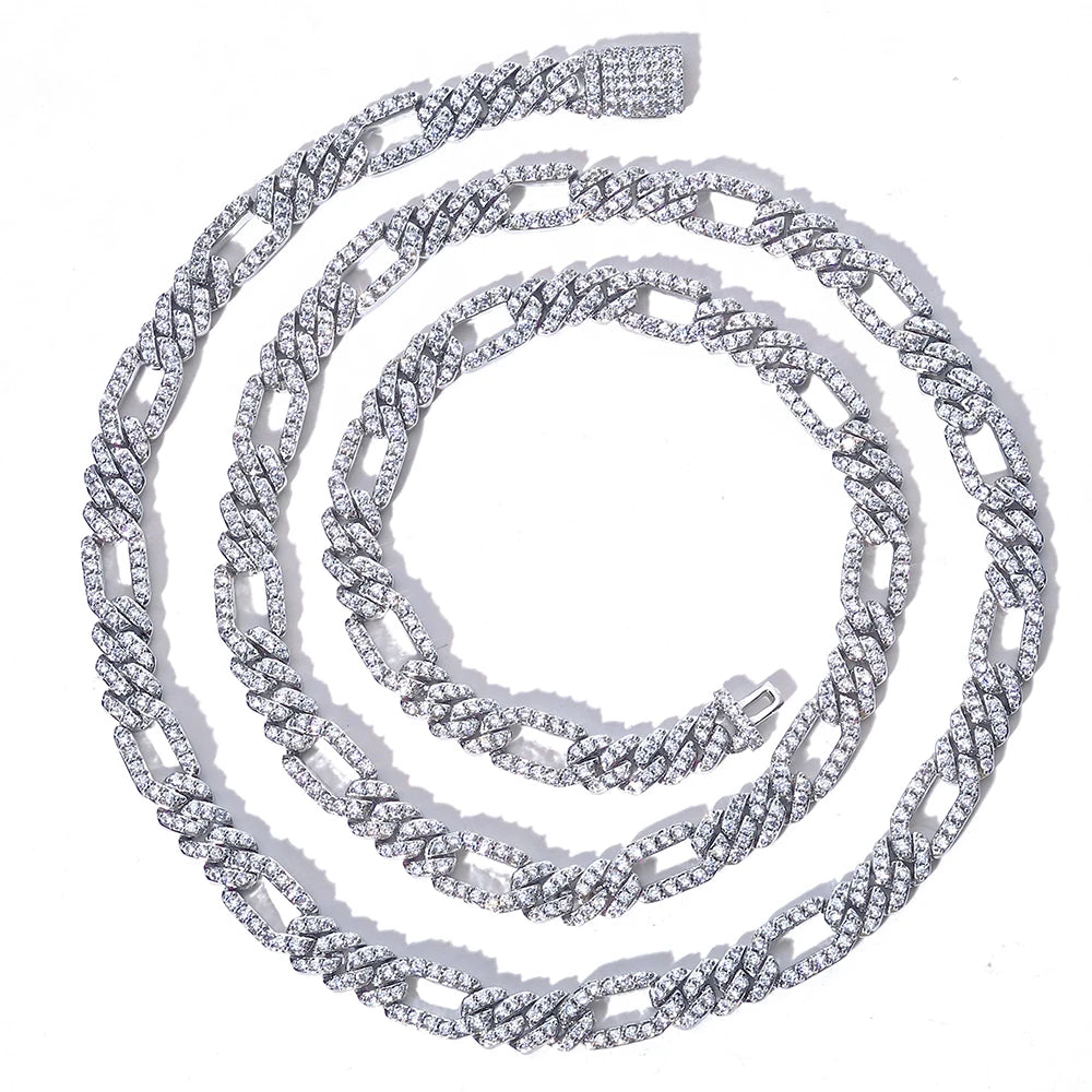 BiG-BOSS NUOYA New Arrival 7mm Figaro Necklace Iced Out Cubic Zirconia Stones Cuban Link Style Hip Hop Chain Jewelry