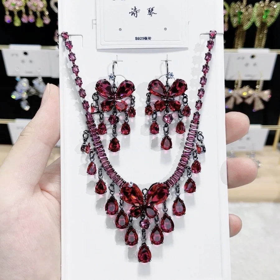 K082 Women Trendy Luxurious Tassel Red Zircon Butterfly Bridal Necklace Earrings Set Wedding Elegant Jewelry Set
