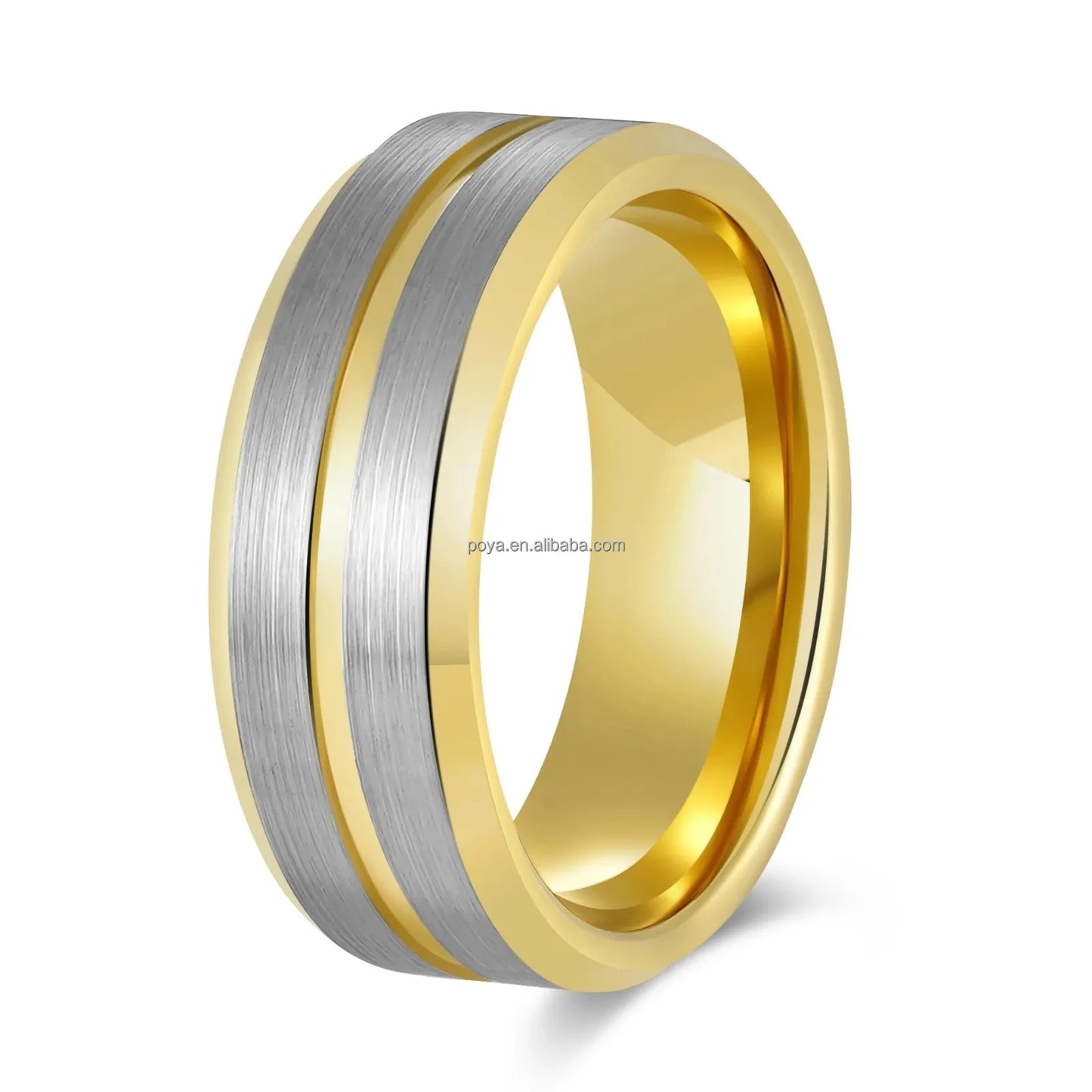 POYA 8mm Unisex Stylish Vintage Design Tungsten Ring Gold Plated Beveled Edges Engagement Wedding Gift Silver Jewelry