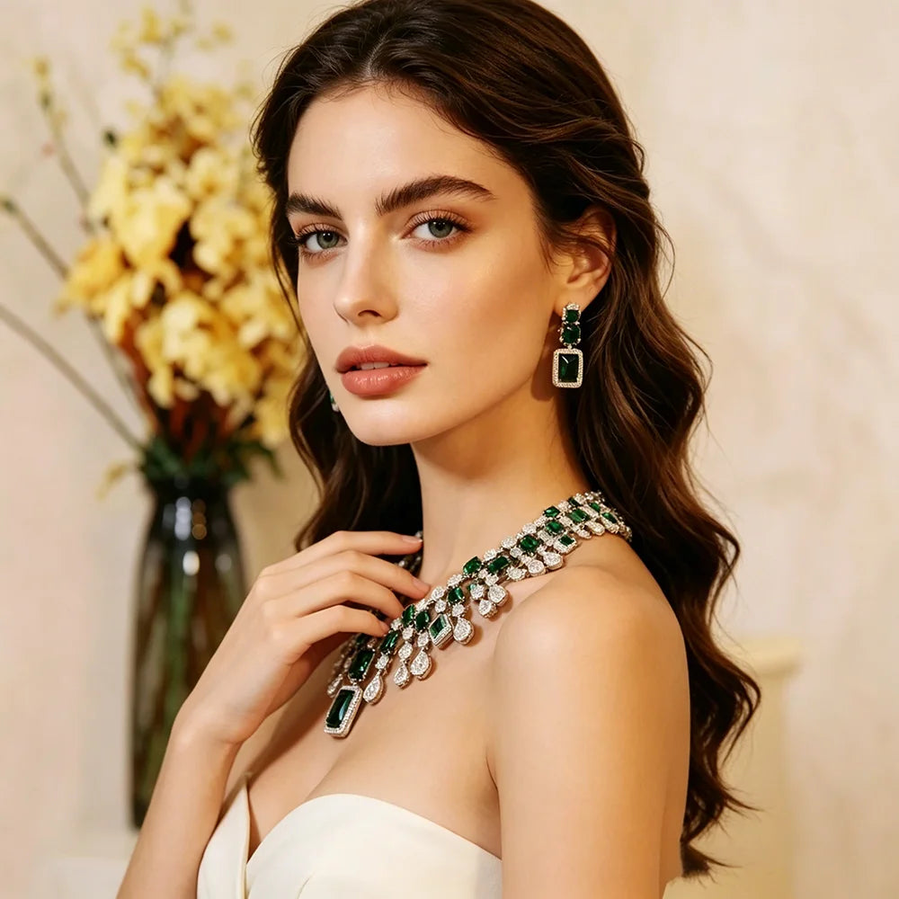 Luxury Cushion-Cut Zirconia Flower Statement Necklace & Drop Earrings Set — Silver Plated