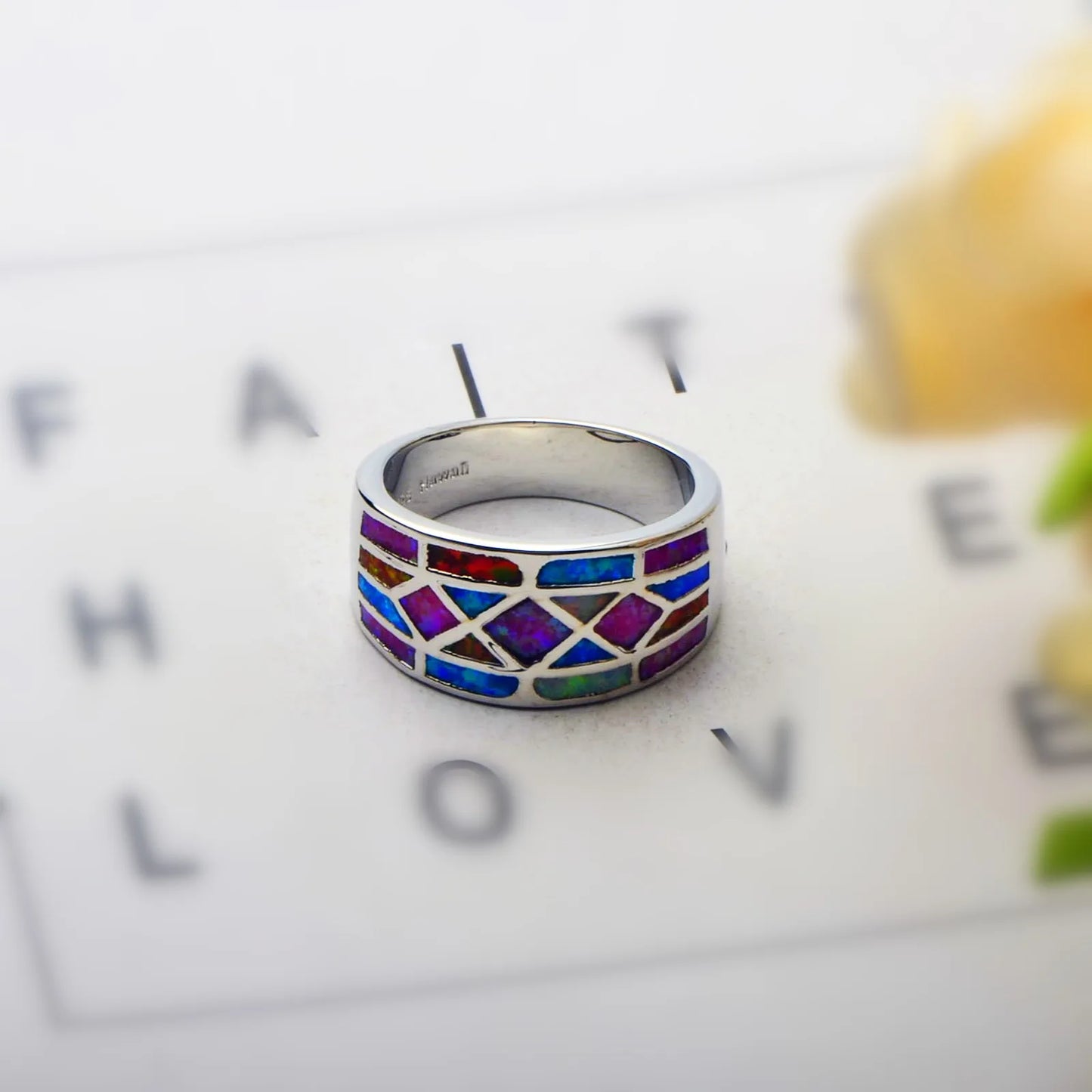 Colorful Opal Inlaid Geometric Pattern Ring | Stainless Steel Shiny Band | Iridescent Multi-Color Fashion Ring for Women Jewelry