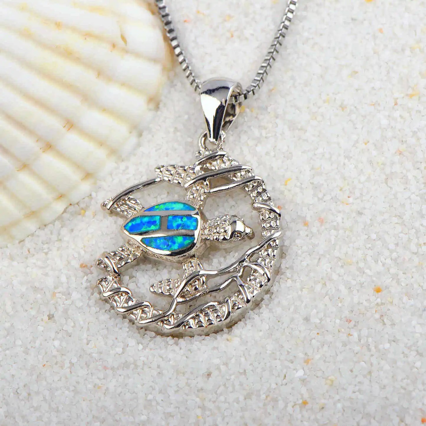Boho Blue Opal Turtle Necklace | Trendy Women's Copper Alloy Silver Plated Link Chain Statement Pendant for Sweater Daily Gift
