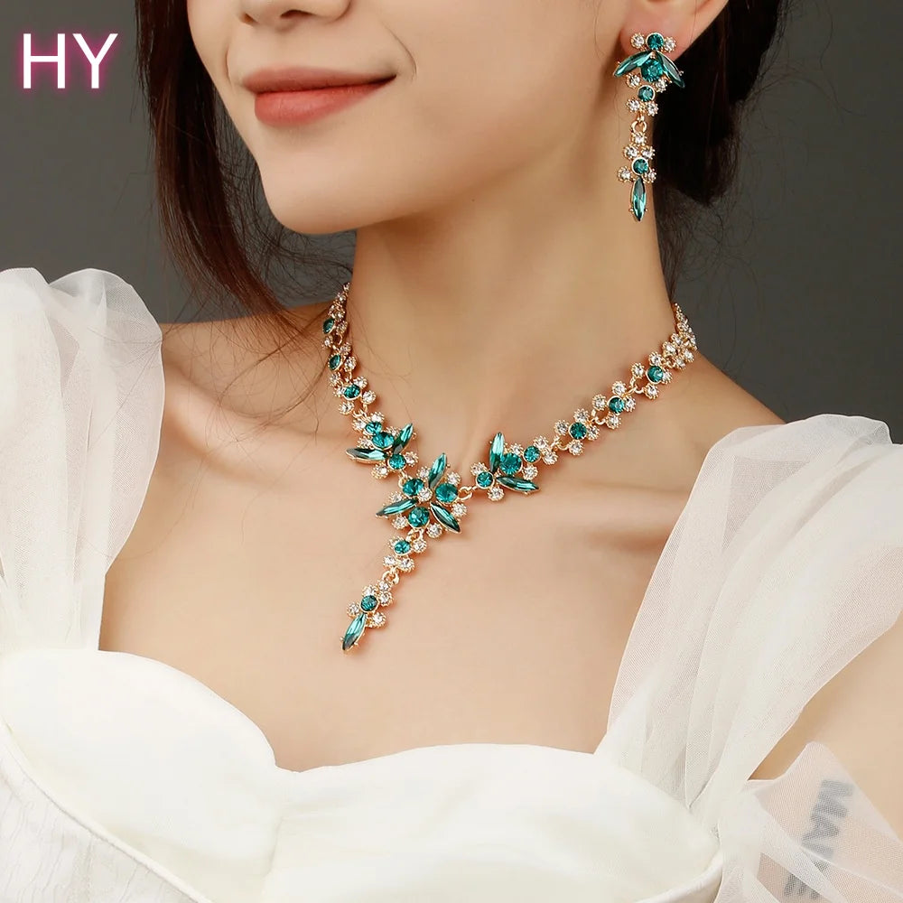 HY  Factory Wholesale Custom New Blue Zircon Wedding Accessories Trendy Two-Piece Set of Necklace Earrings for Engagement