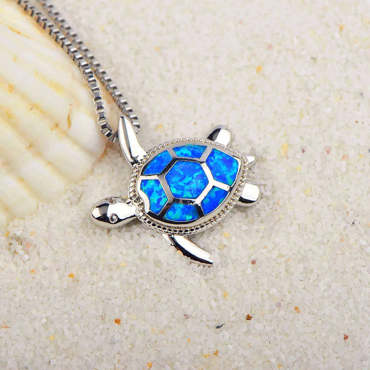 Aobao Christian Copper Silver Plated Blue Opal Animal Turtle Necklace Link Chain Minimalist Pendant for Women Gift
