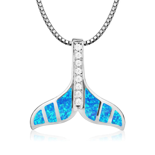 Copper Silver Plated Trendy Christian Hawaiian Animal Blue Opal Whale Tail Fish Tail Pendant Box Chain Anniversary Necklace