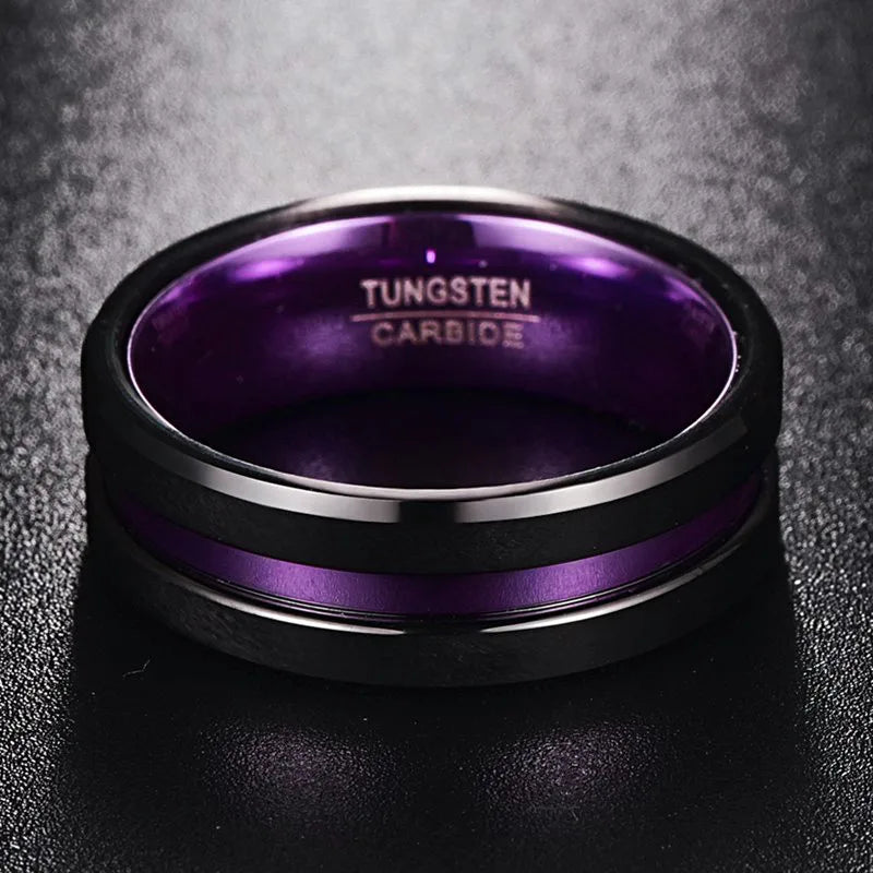 REBEL 1pcs 8mm Chamfer Black Plated Outer Ring Purple Alumina Inner Double-layer Men's Tungsten Ring Jewelry