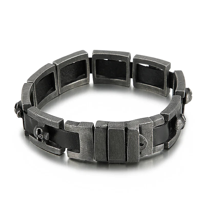 REBEL Punk Fine Jewelry Fashion Bracelets Stainless Steel Leather Skull Charm Links Bracelet