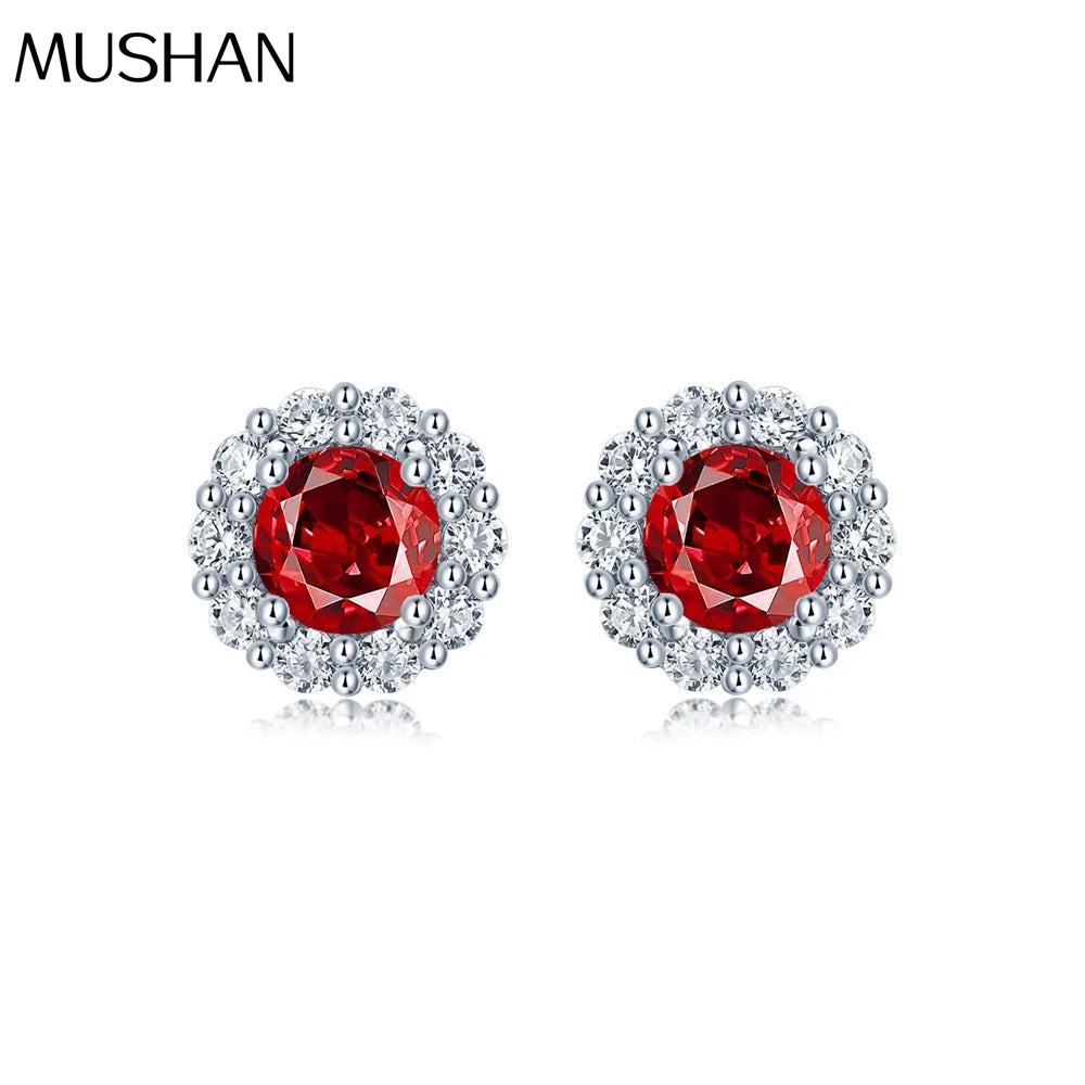 MUSHAN Jewelry Factory 925 Sterling Silver Earrings Round Synthetic Gemstones Ruby Emerald S925 CZ Zirconium Stud Earrings