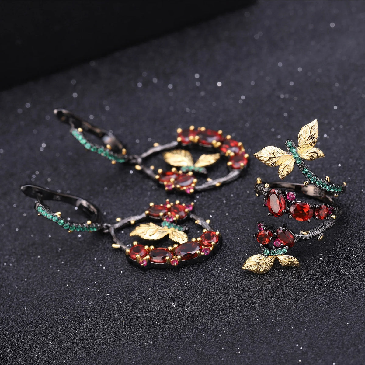 ArtistA Abiding Dainty Natural Gemstone Garnet 925 Silver Branch Butterfly Earrings Ring Jewelry Set with Two Tone Plated Best Gifts