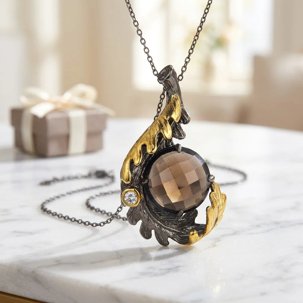 New Design Smoky Quartz Classic Sterling Silver 925 Gold Plated Pendants Women Jewelry with White Zircon Perfect Brand Gift