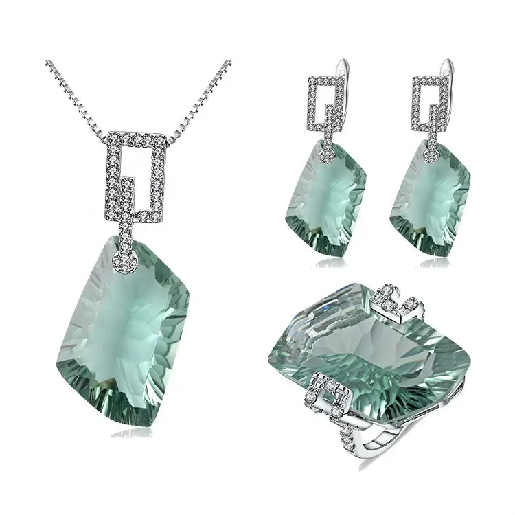 ArtistA Abiding Factory Custom Quadrilateral Green Amethyst Prasiolite 925 Silver Ring Necklace Earrings Jewelry Set for Dinner Party