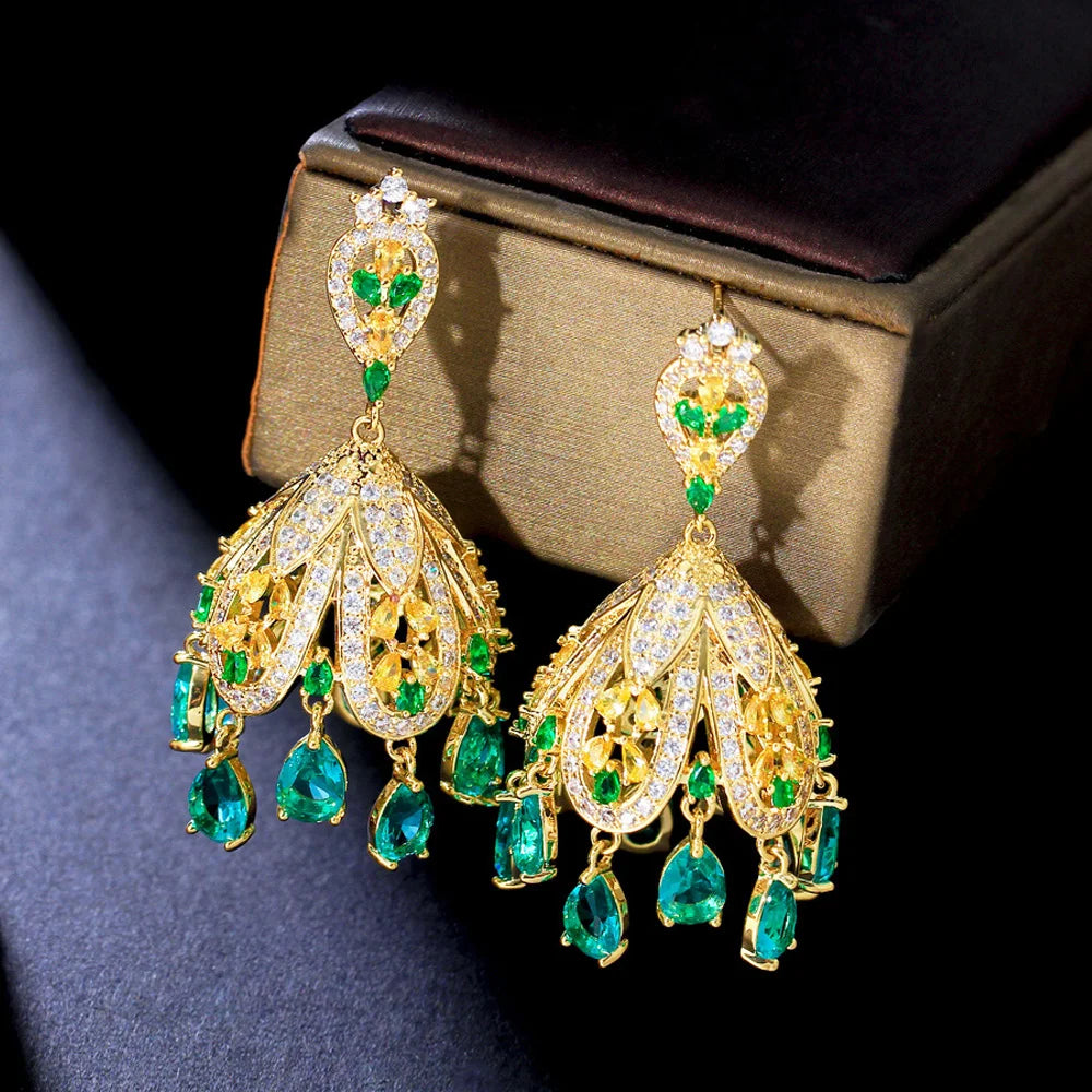Indian Gold Plated Jhumka Jewelry Big Traditional Pave Green CZ Cubic Zirconia Drop Tassel Earrings for Women Evening Party Wear