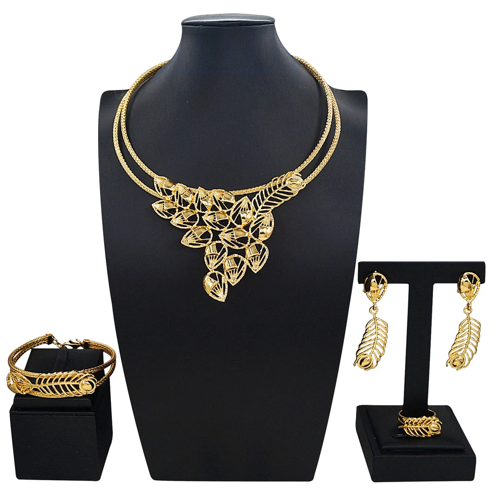 Zhuerrui New Arrival Leaf Design Gold Plated Jewelry Set Women Bride Prom Fashion Necklace Earrings Bracelet Set  X007730