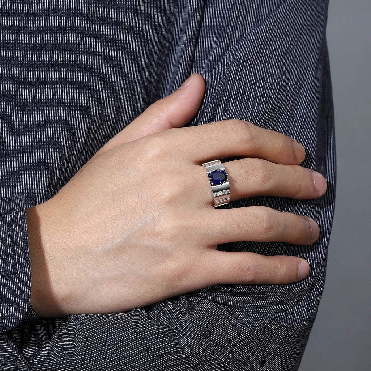 Gemfiori Wedding Rings 925 Sterling Silver Lab Grown Sapphire Mens Solid Silver Band Ring