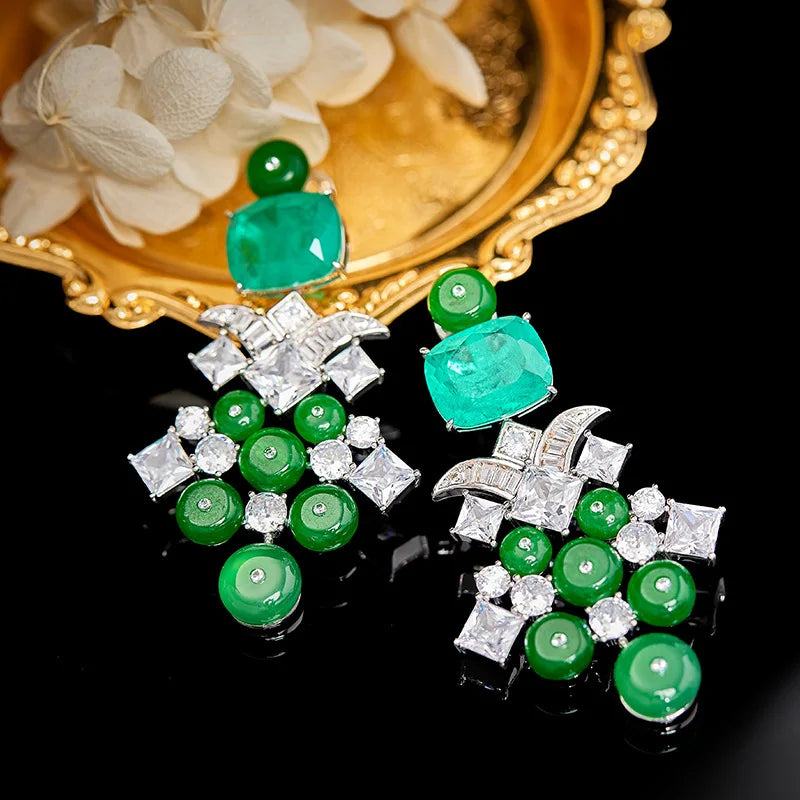 Exaggerated Luxury Paraiba Pendant Jewelry Green Emerald Zirconia Beads Tassel Special Pattern Design Necklace Earring  Set