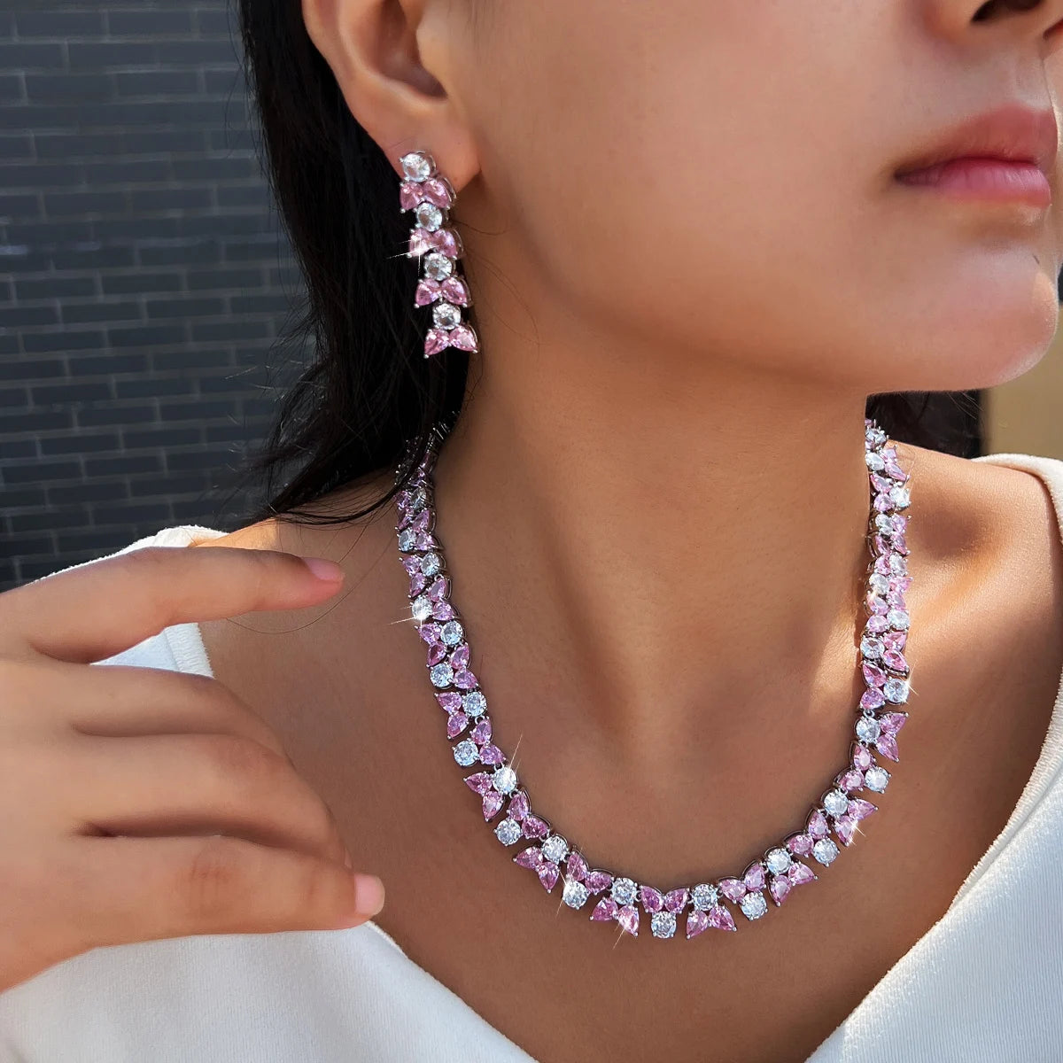 Exquisite Jewelry Set Rhodium Plated Pink White CZ Zircon Necklace Earrings Jewelry Set for Brides Women Unique Designer Party