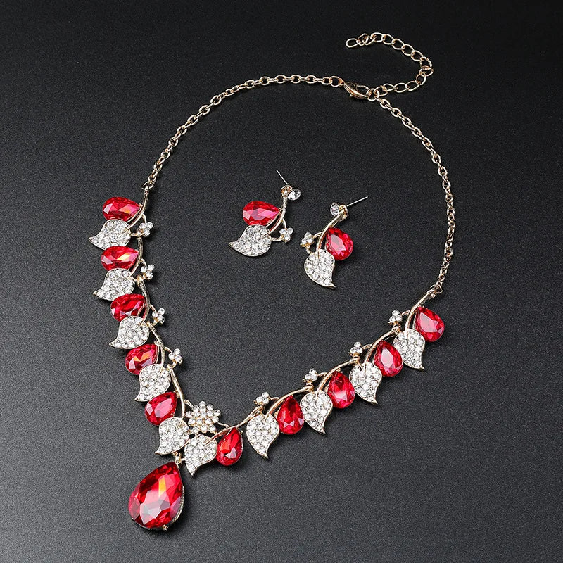 Leaf & Crystal Geometric Necklace & Earrings Jewellery Set | Retro Vintage Fashion Set